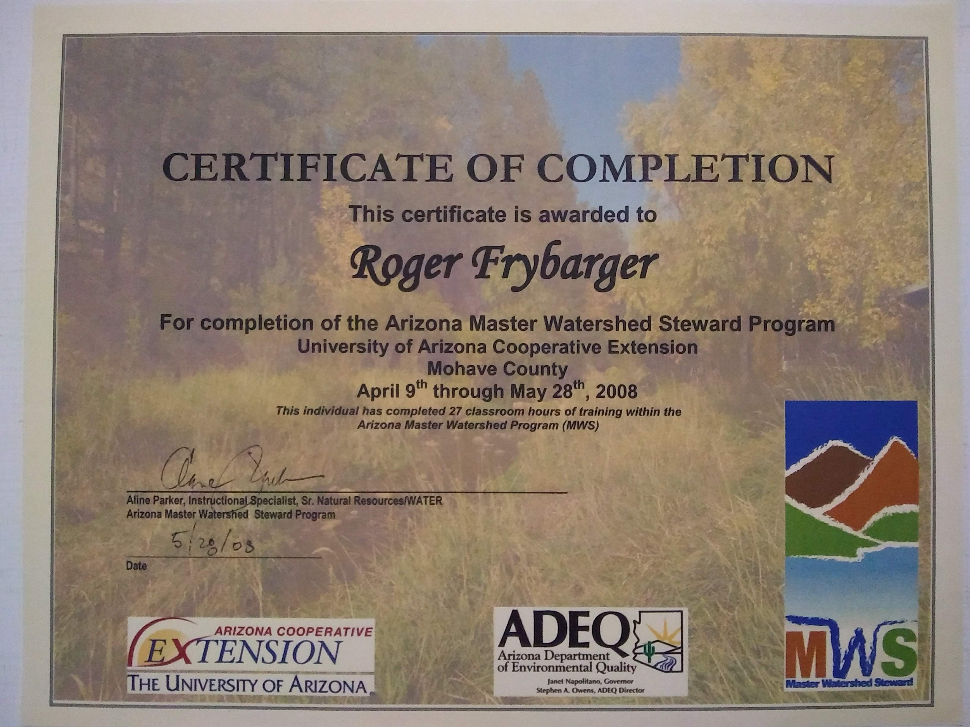 Roger’s Master Watershed Stewart Program Certificate of Completion.